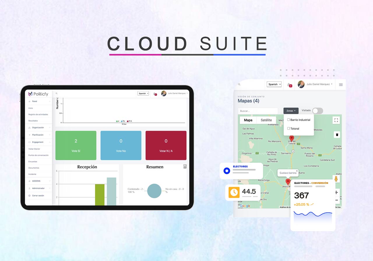 CLOUD SUITE Nuestra plataforma tiene como función principal modernizar la gestión de la campaña política y electoral, de inicio a fin. La misma ofrece un conjunto de herramientas separadas por módulos para una administración simple, organizada, rápida y efectiva.